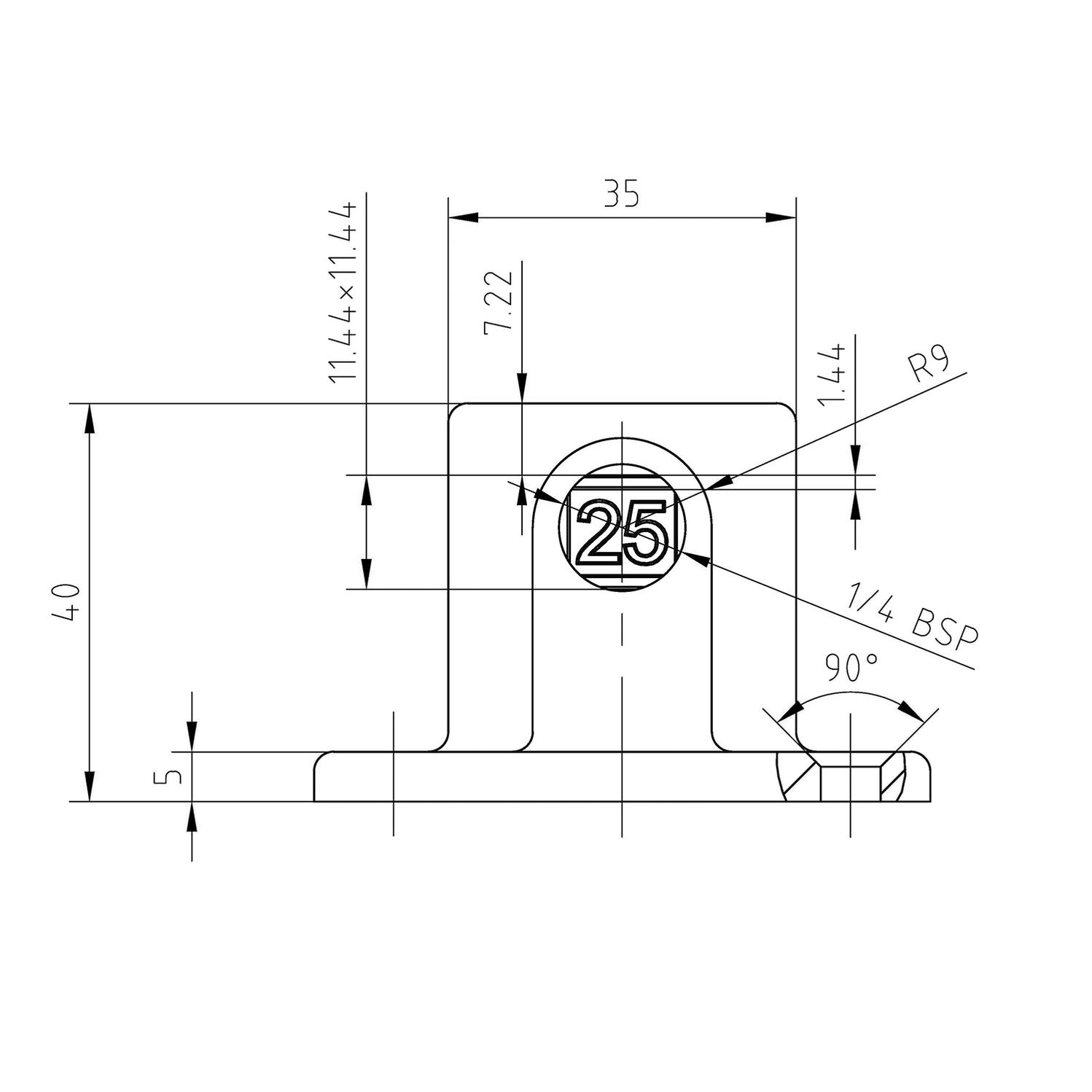 Buiskoppeling Vierkante voetplaat met doorloop - zwart - vierkant - 25 mm
